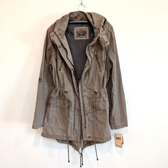 Levi's Woman's Cotton Hooded Anorak Army Green Jacket Size Medium. - Picture 2 of 12